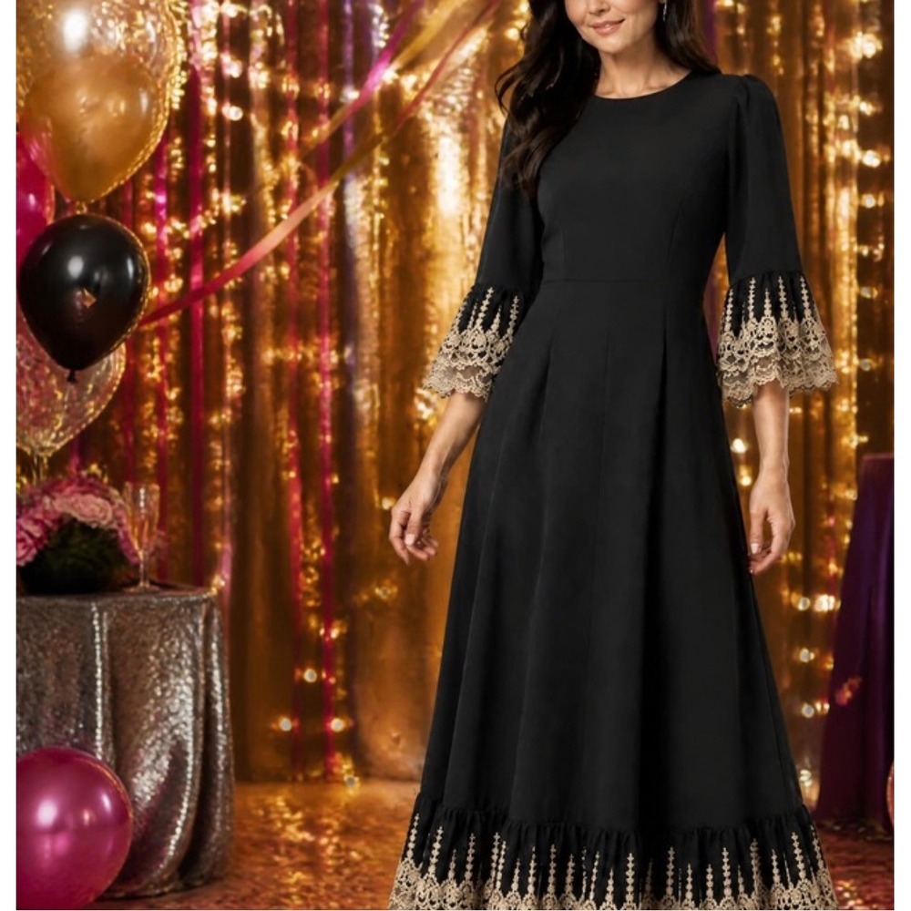 Pomander Place Black Velvet Lace Trim Midi Dress Gold Embroidery Small 2770